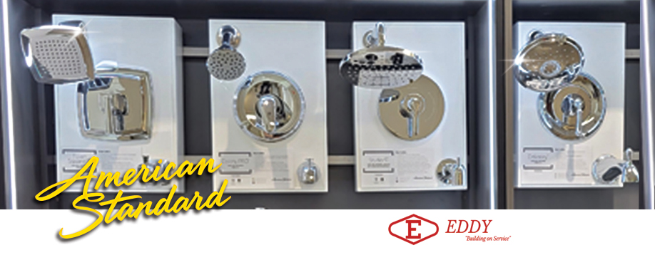 A long rectangular image with two logo in the front and four physical shower heads in back.